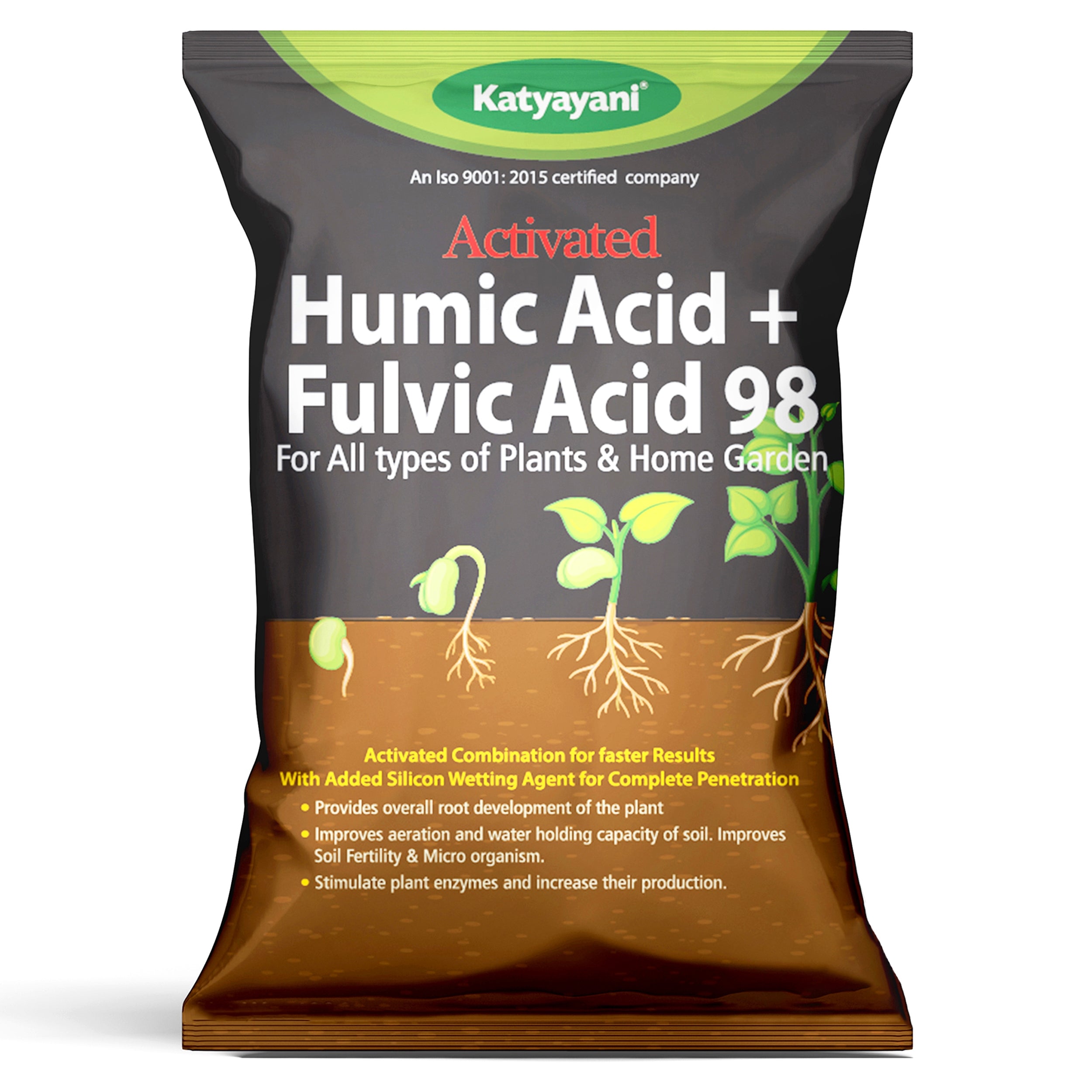 Katyayani | Activated Humic Acid + Fulvic Acid 98 | Plants Fertilizer & Bio Enhancer with Silicon wetting Agent 100% Organic for Home Garden & Agriculture