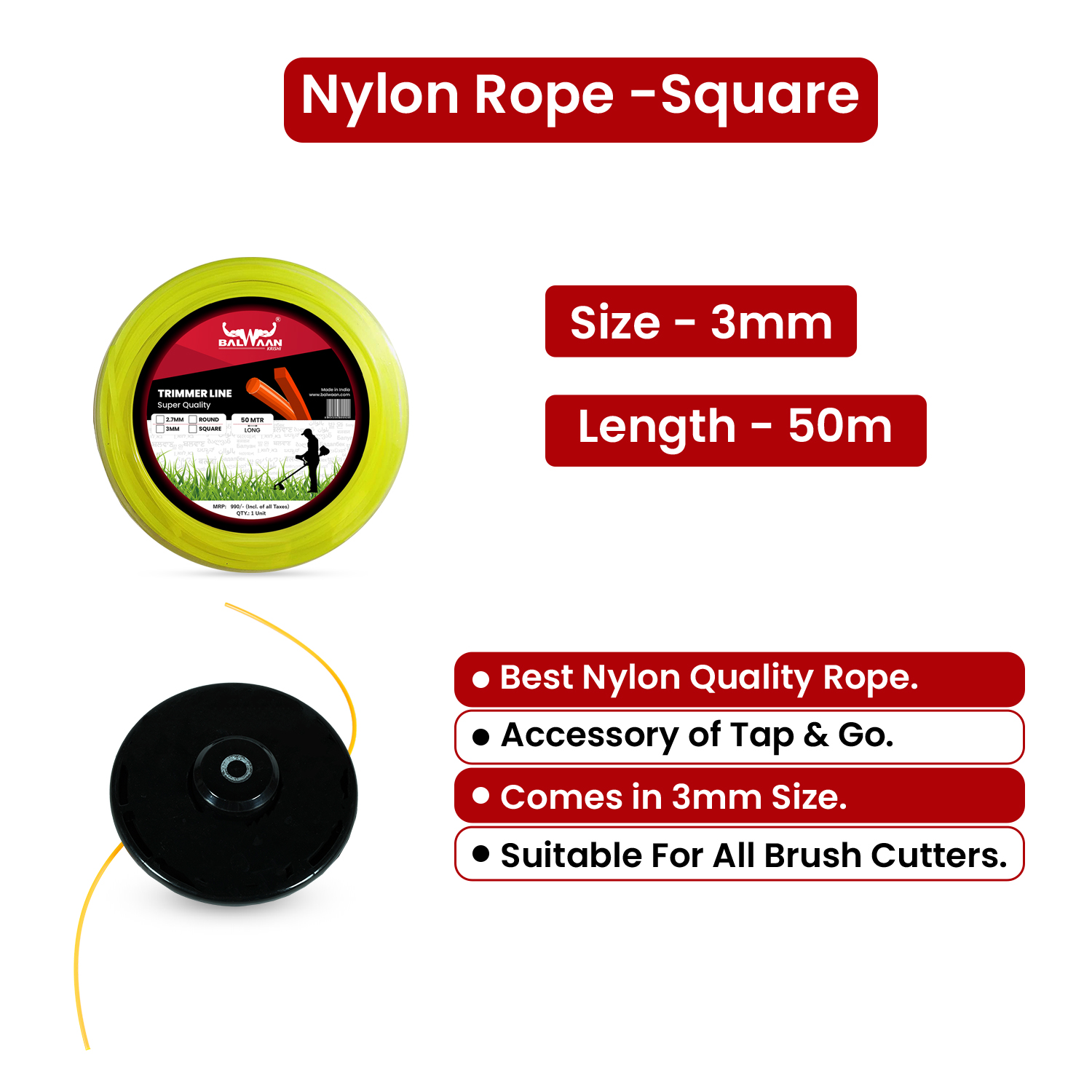 BALWAAN NYLON ROPE 3MM 50 MTR - SQUARE