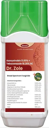 Katyayani DR. ZOLE Fungicide | Azoxystrobin 11.00 % + Tebuconazole 18.3 % SC | Controls Scab | Powdery Mildew & premature leaf fall disease | Purple Blotch | Anthracnose | Die Back | Blast of paddy | Sheath Blight 