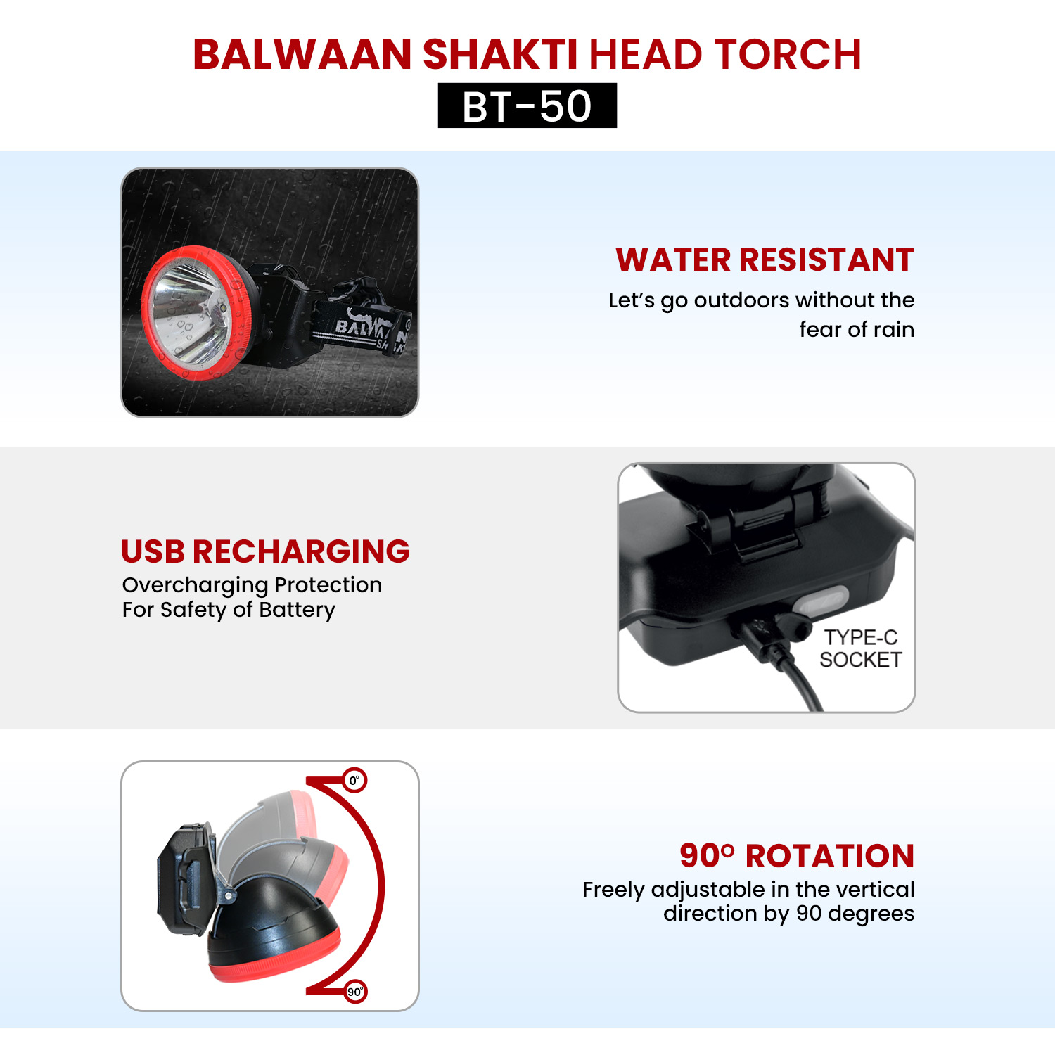 Balwaan Shakti LED Flashlight Head Torch | BT-50 | 5W LED Light | Multi Purpose Use